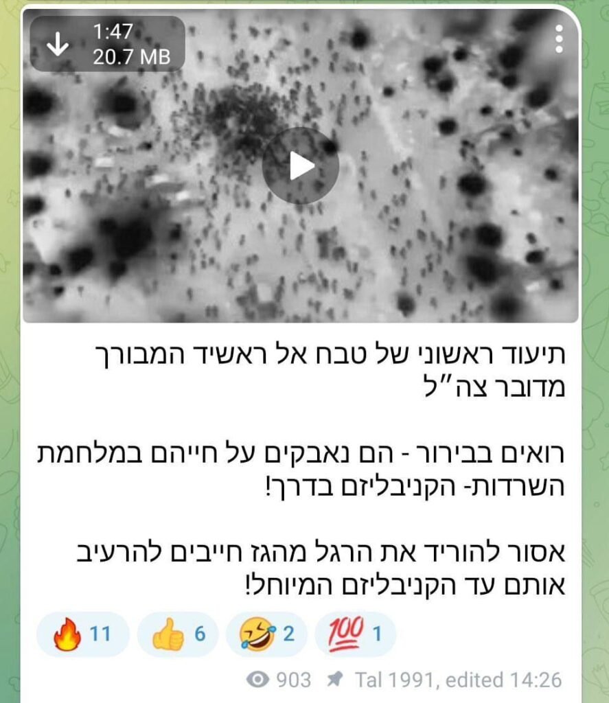img_20240301_211310_8133645900134256739775-887x1024 One of several Israeli Telegram channels dedicated to rejoicing over Palestinian death:"First footage of the blessed massacre. You can see clearly that they're fighting for their lives for survival. Cannibalism is on the way! We must starve them until the long-awaited cannibalism".